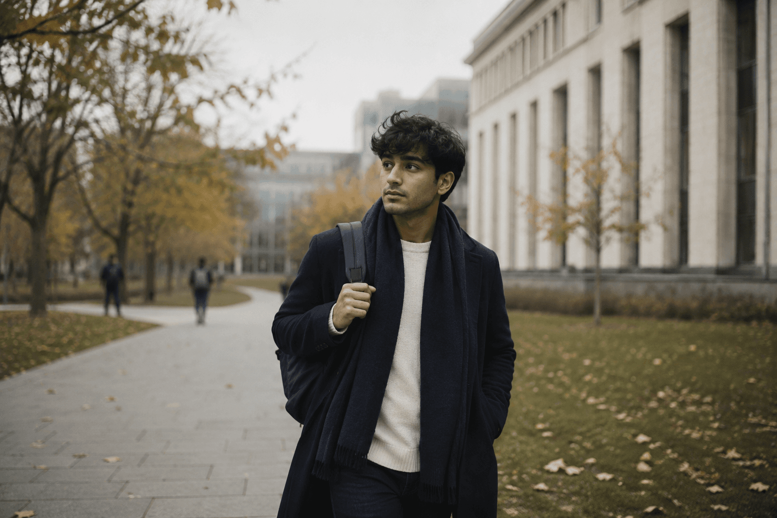 A student walking across a Russian university campus in autumn