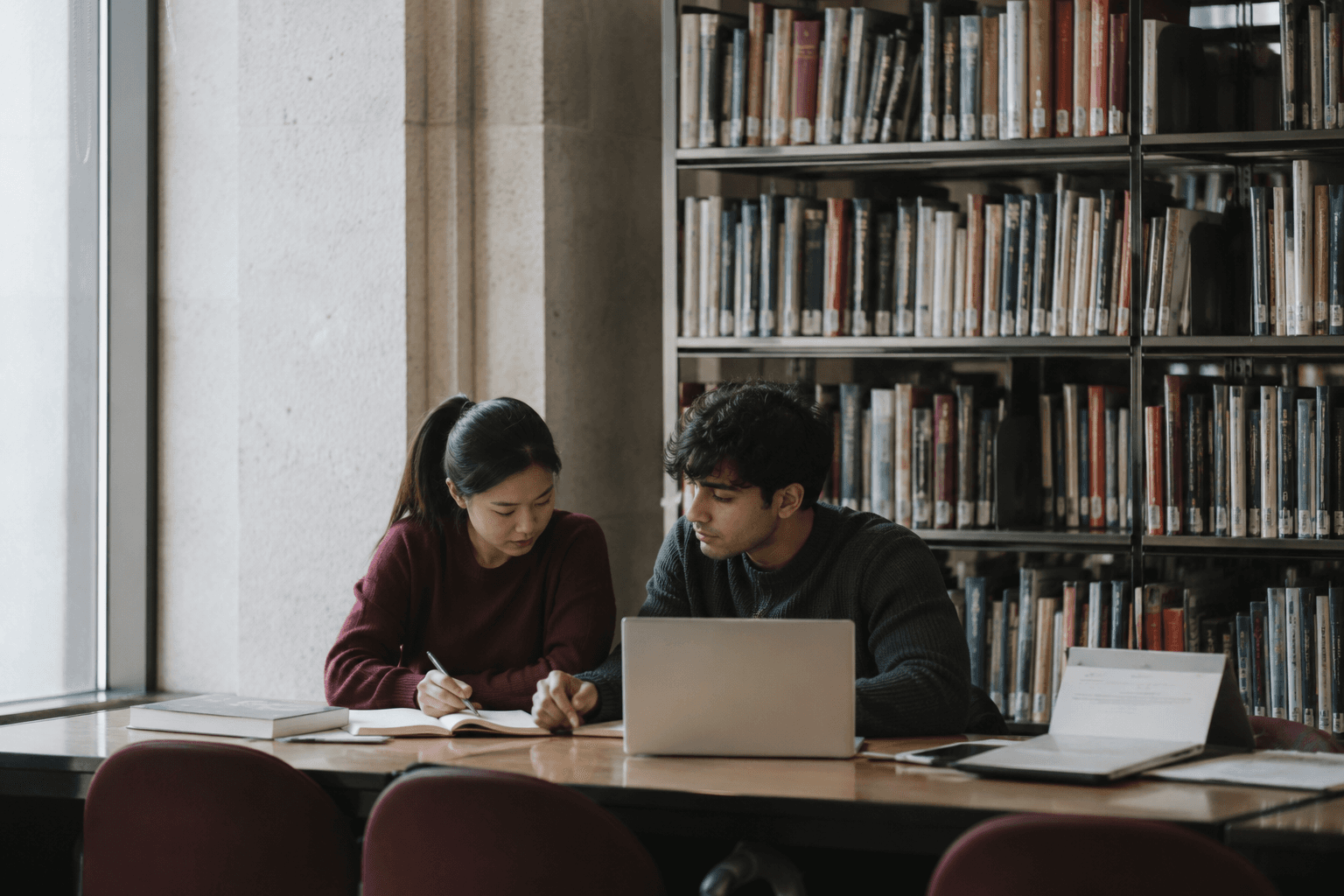 International students studying together in a university library