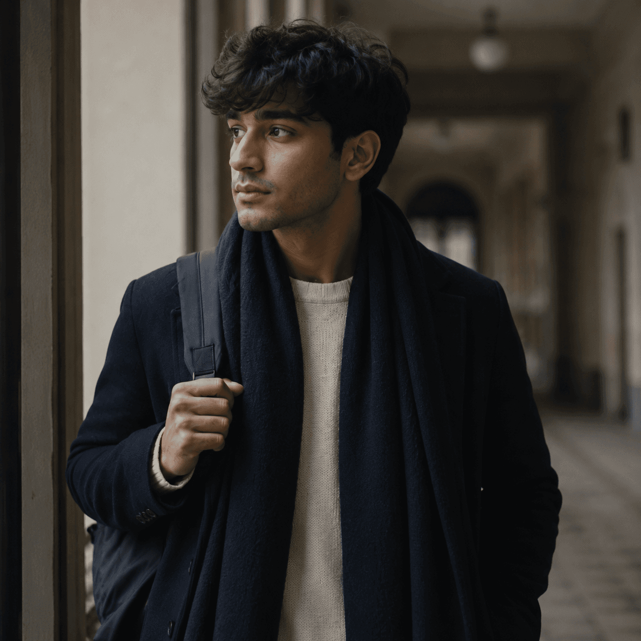 A student in a university corridor